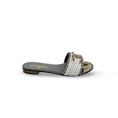 CHANEL DOUBLE C PEARL CHAIN SANDALS   